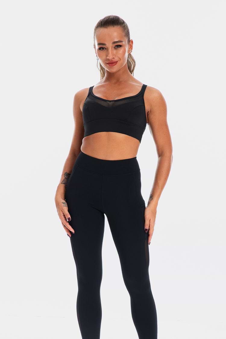 Schwarz Mesh Sport-BHs High Waist Leggings Activewear Set