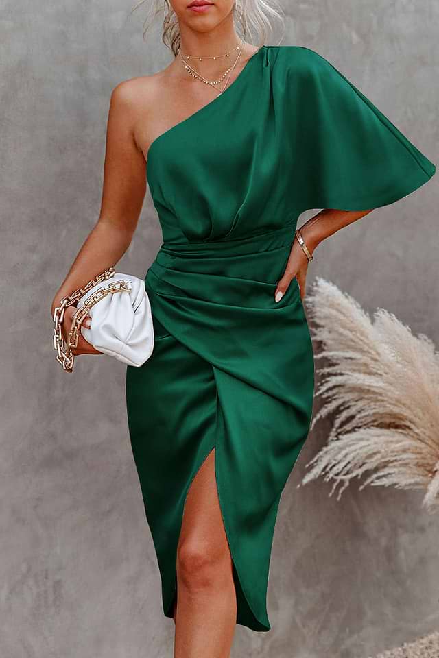 green satin one shoulder dress Tatiana Velvet One Shoulder Maxi Dress | Eucalyptus main image 1