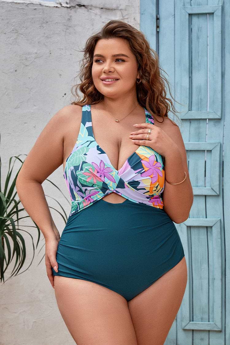 Plus Size Twist Front Molded One Piece Swimsuit