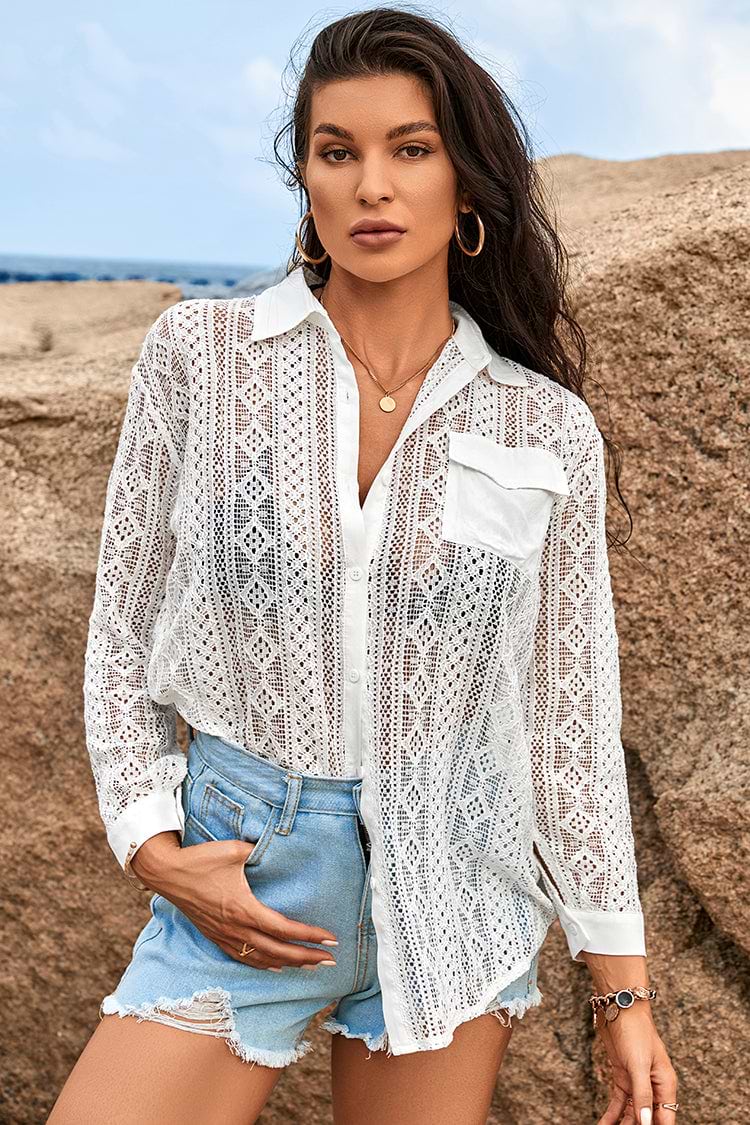 Cut out Spitze Trimmungen Hemdkragen 3/4 Ärmel Bequemes Cover Up