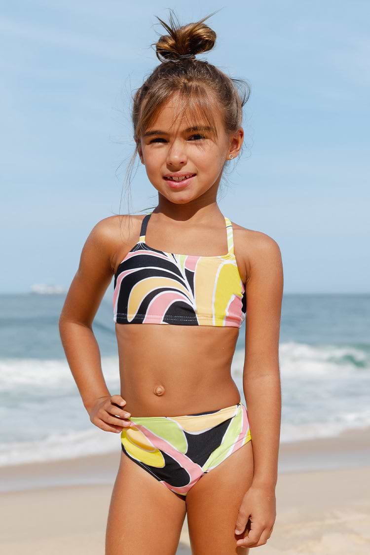 Girls Yellow Back Strappy Bralette Bikini Set