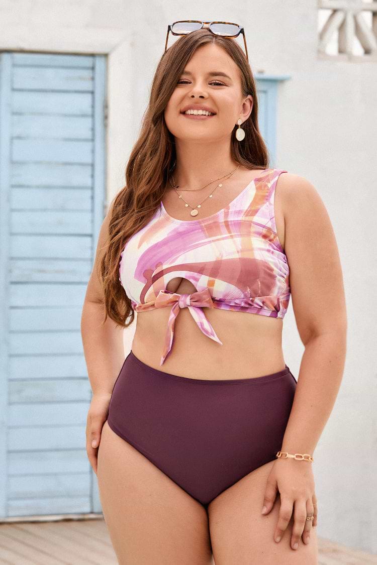 Plus Size Tie Front Midkini & Classic High Waist Set