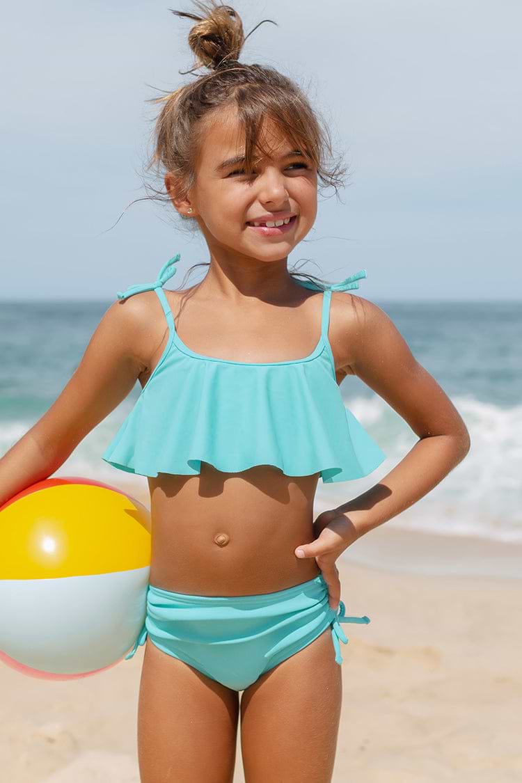 Girls Blue Flounce Top & Ruched Drawstring Tankini Set