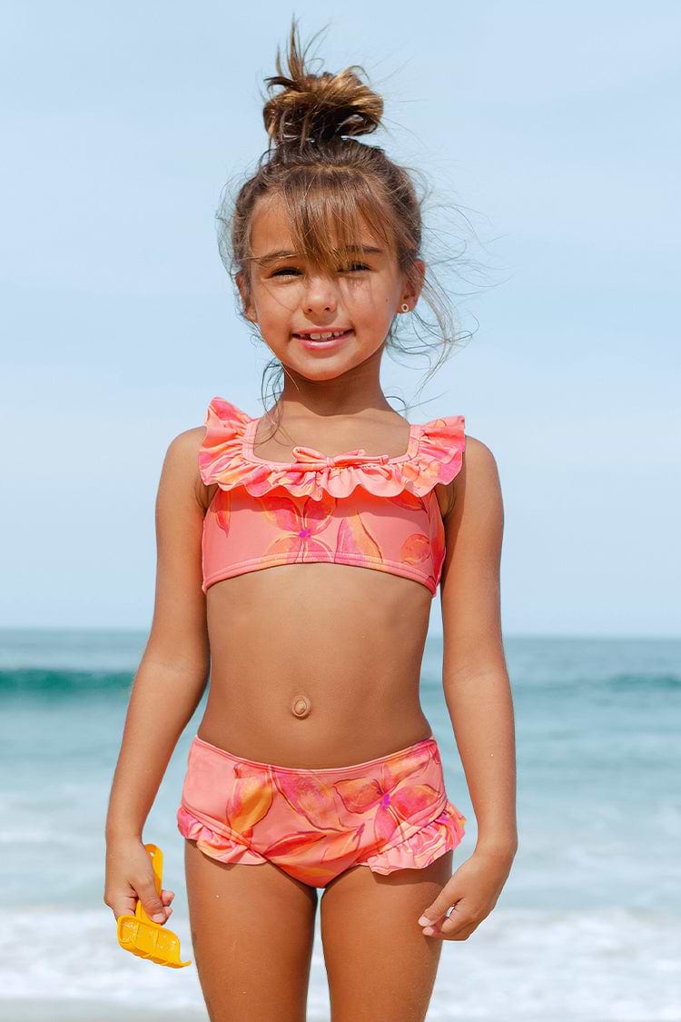 Girls Pink Floral Ruffled Tie Back Bralette Bikini Set
