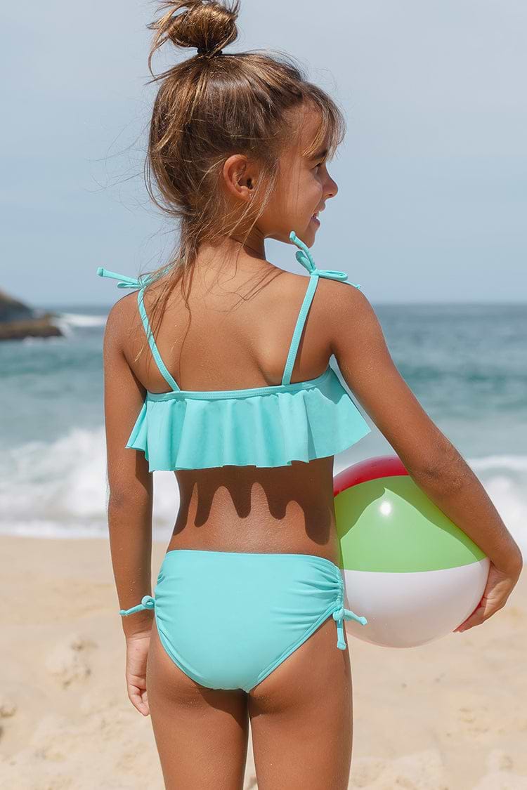 Girls Blue Flounce Top & Ruched Drawstring Tankini Set