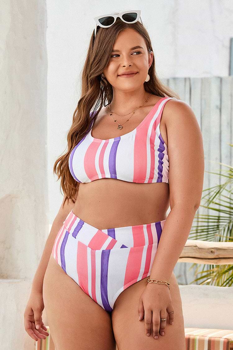 Plus Size Striped Bralette & Overlap Bikini Swimsuit