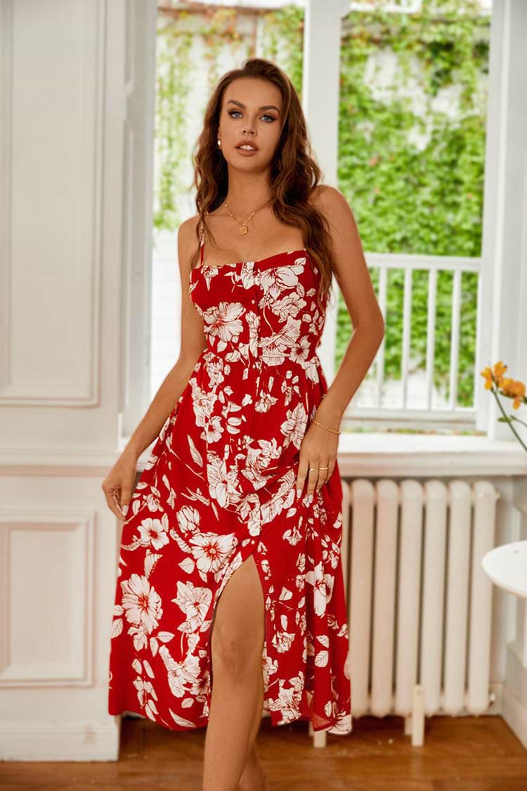 Vestido floral deslizado con botones al frente