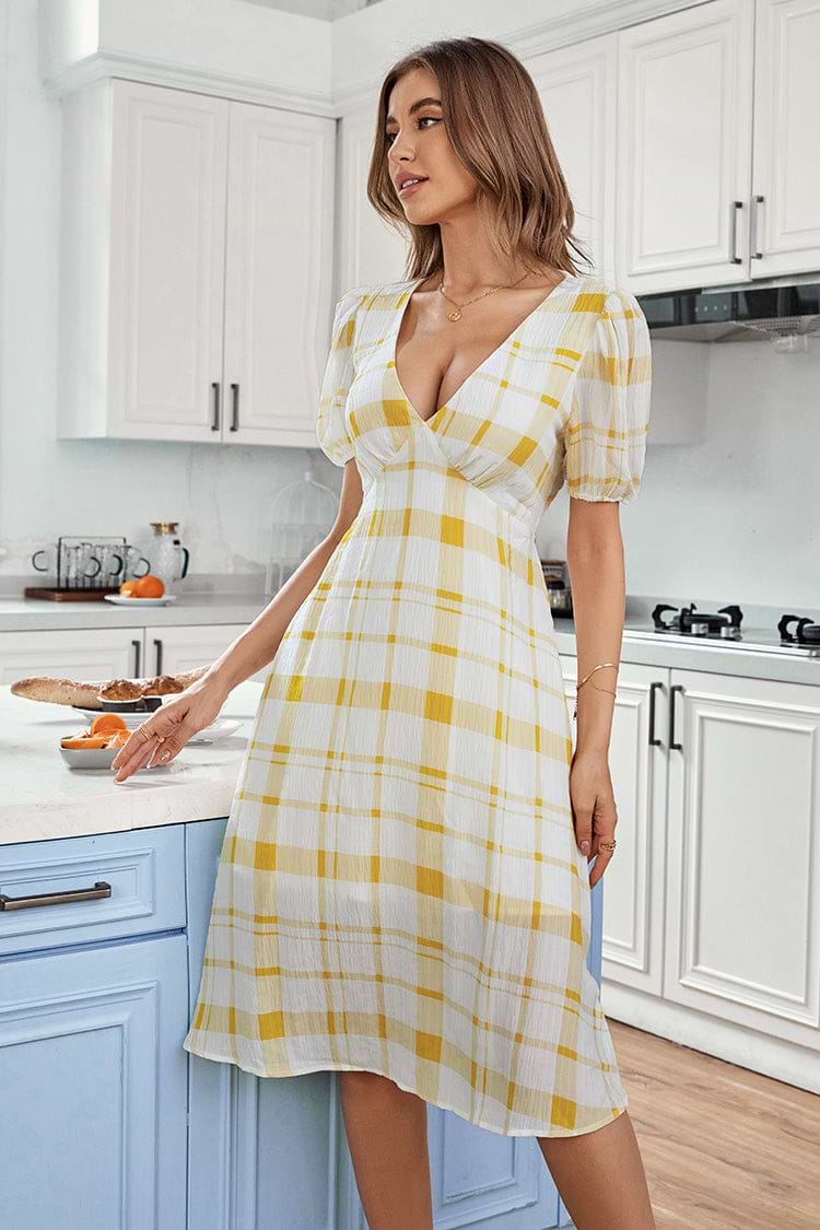 Aleena Plaid V Neck Dress