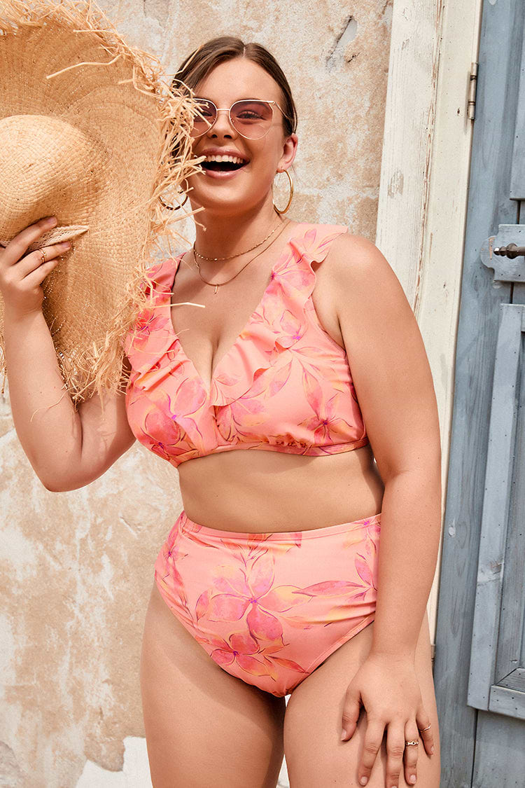 Luminescent Ruffled Surplice Lace Back Bralette & High Waist Bikini Set