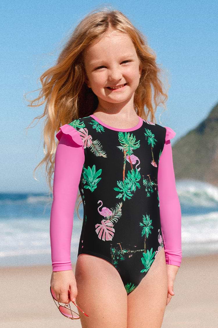 Girls Tropical Ruffle Rashguard One Piece Swimsuit
