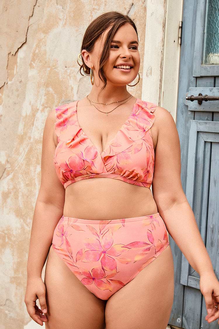 Plus Size Ruffled Surplice & High Waist Bikini Swimsuit