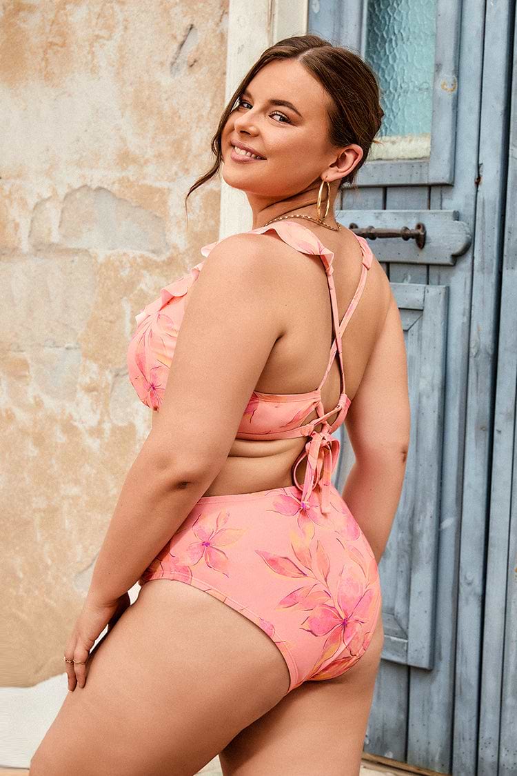 Plus Size Ruffled Surplice & High Waist Bikini Swimsuit