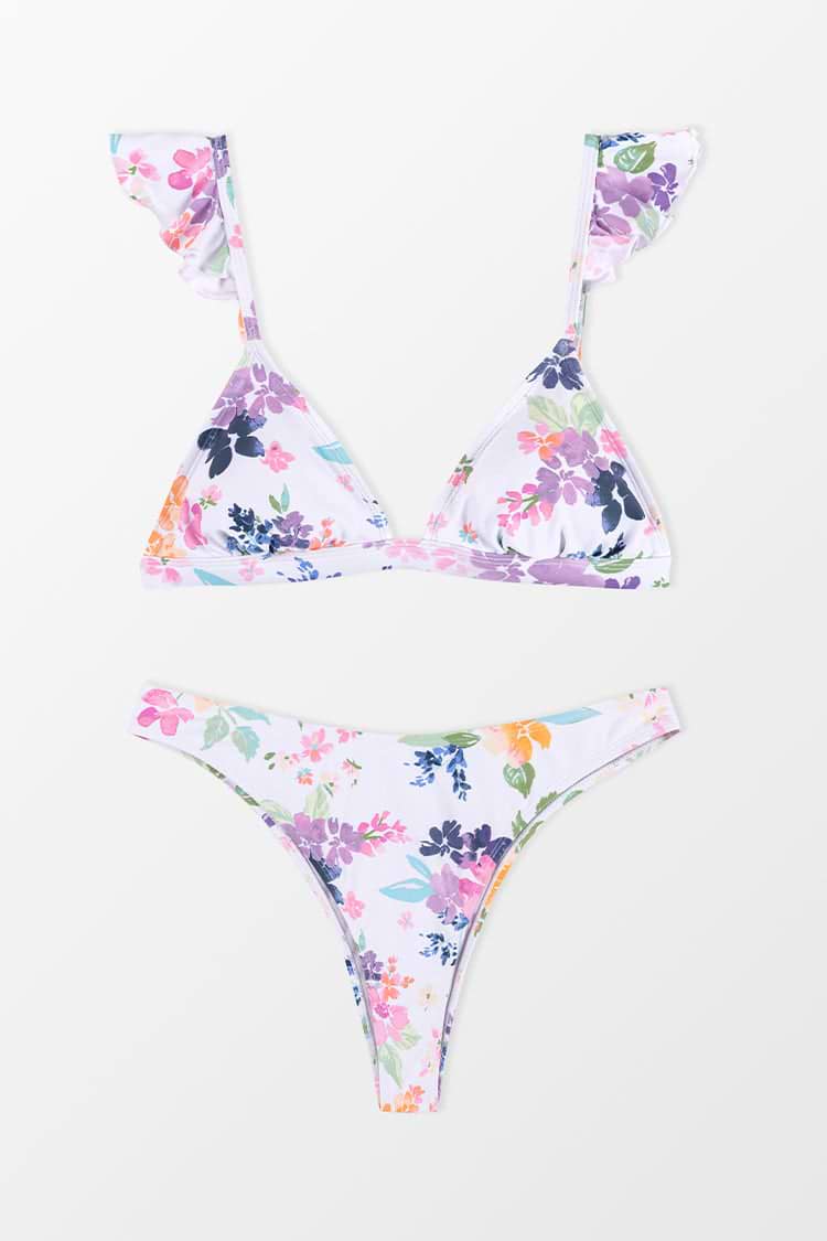 Romantic Garden Ruffle Bow Triangle & Cheeky Hipster Bikini Swimsuit
