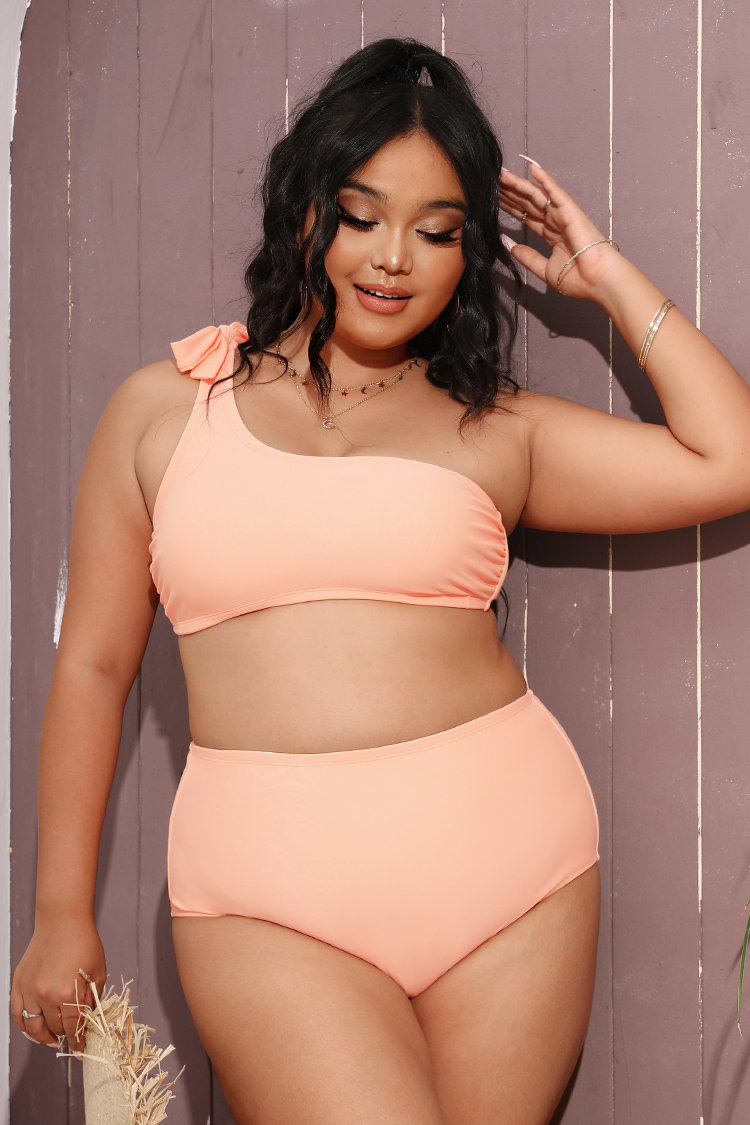 Plus Size One Shoulder Tummy Control Bikini Swimsuit