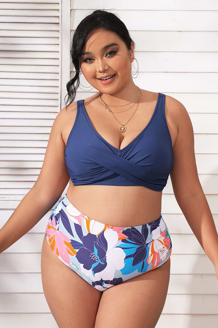 Deep Ocean Shirred High Waist Tummy Control Plus Bikini Bottom