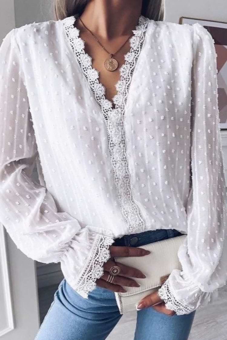Top Escote V Mangas abullonadas Ribetes de encaje