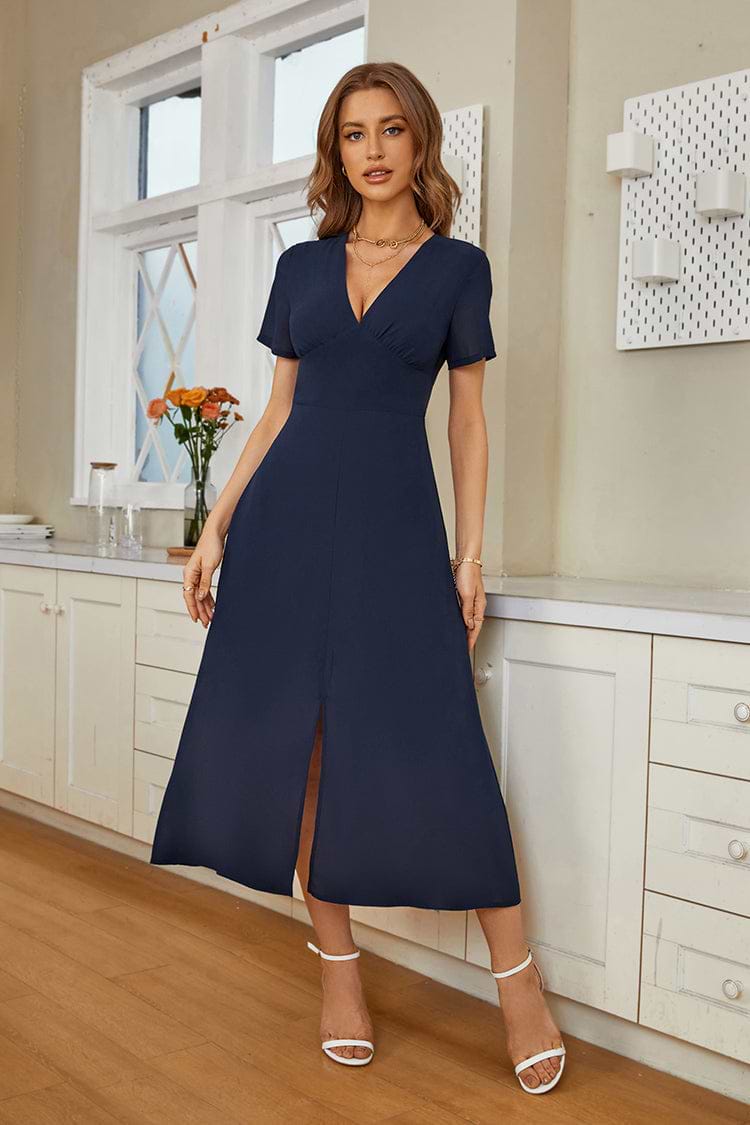 Aubree V-neck Ruching Split A-Shape Dress