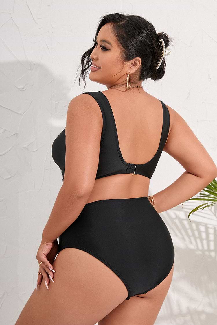 Plus Size Mesh V-Neck & Mid Rise Bikini Swimsuit