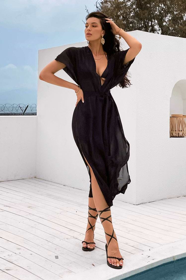 Demetria Short Sleeve Tie Waist Tea Length Kimono