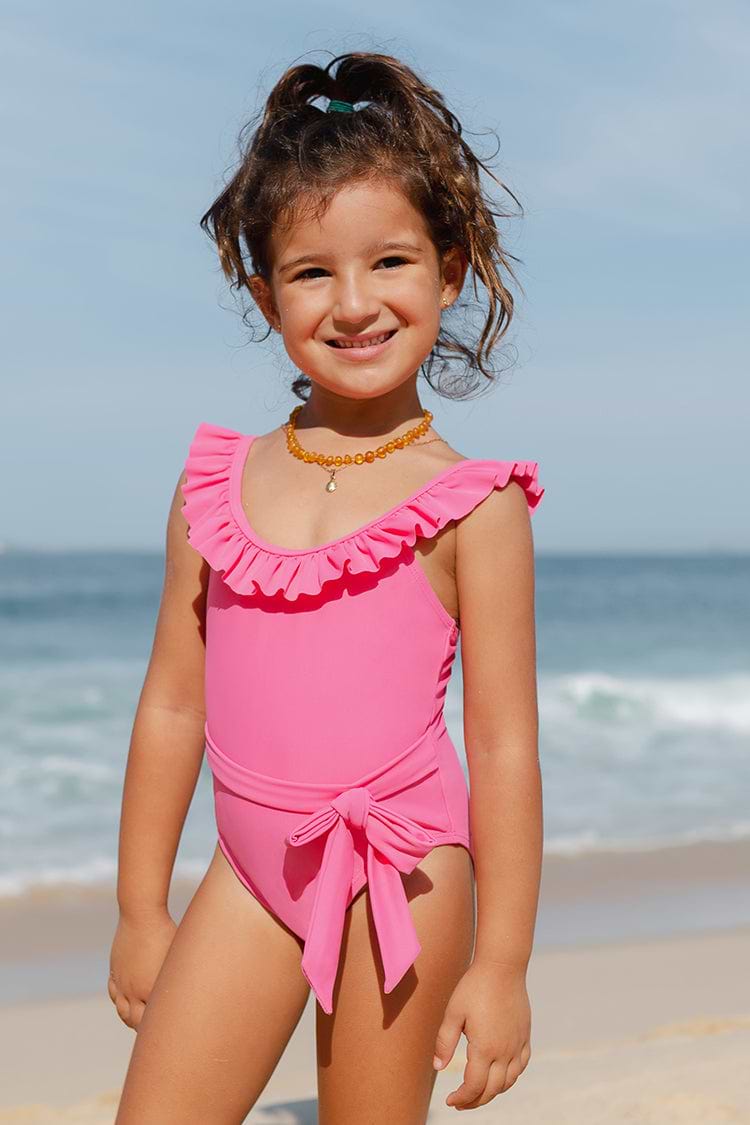 Girls' High Neck Belted One Piece Swimsuit