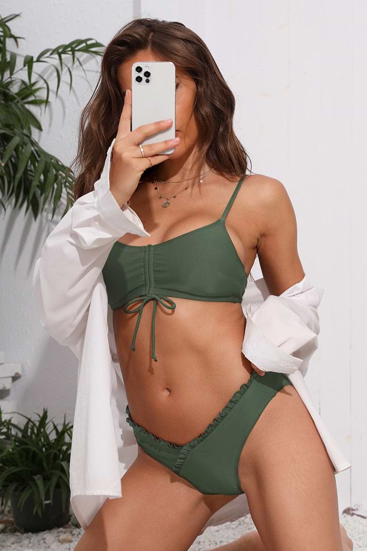 Ruched Drawstring Bralette & Merrow Edge Hipster Bikini Set