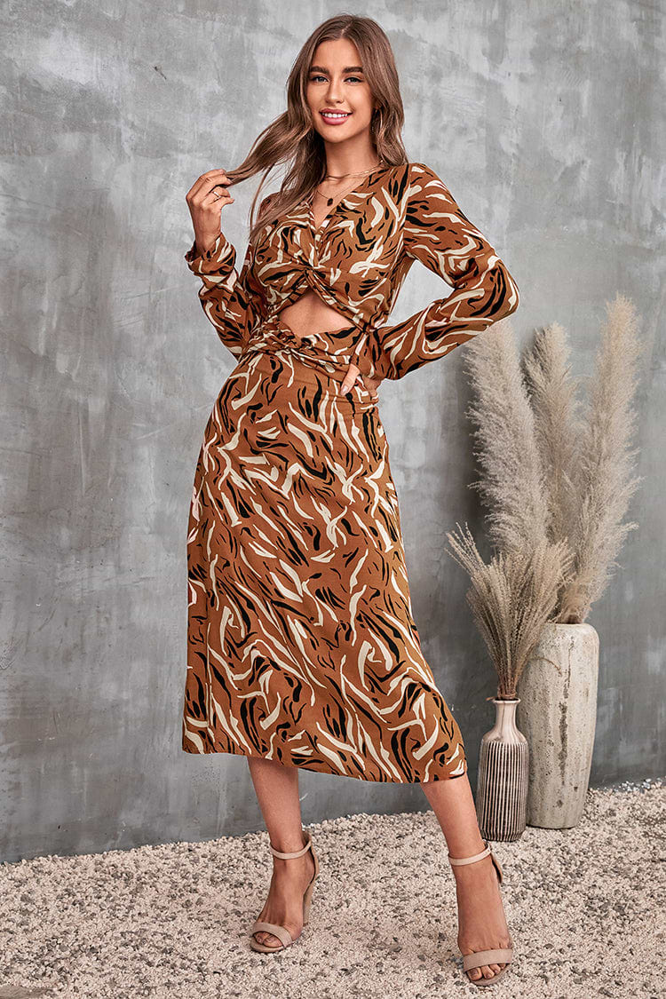 Long Sleeve Cutout Geometric Print A-Shape Dress