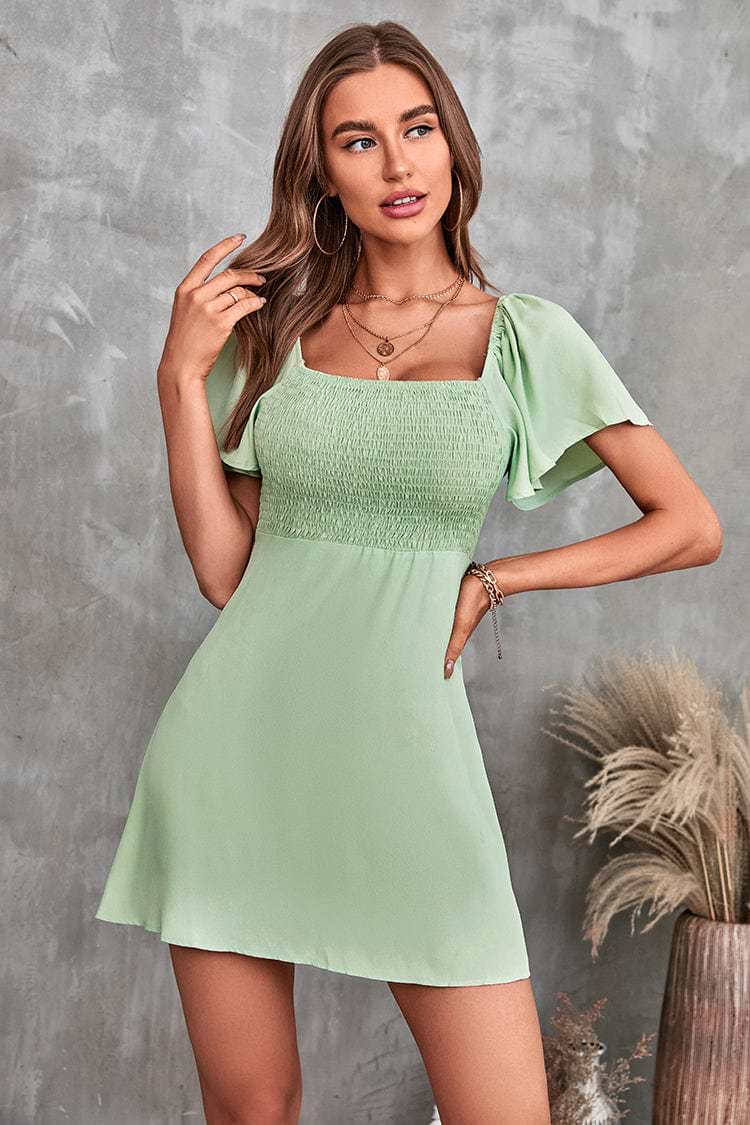 Karly Green Square Neck Smocked Dress