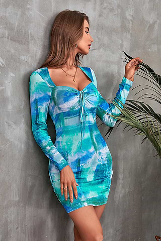 chinese dress ladies Steel blue tie-dye georgette dress