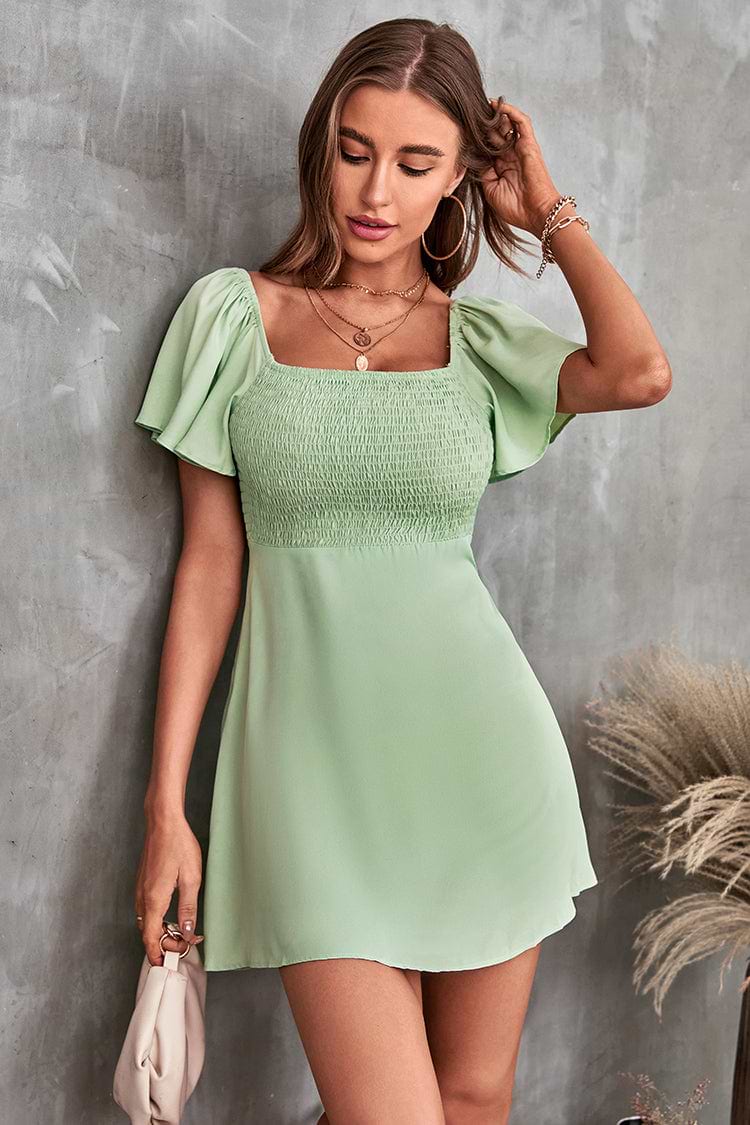 Karly Green Square Neck Smocked Dress