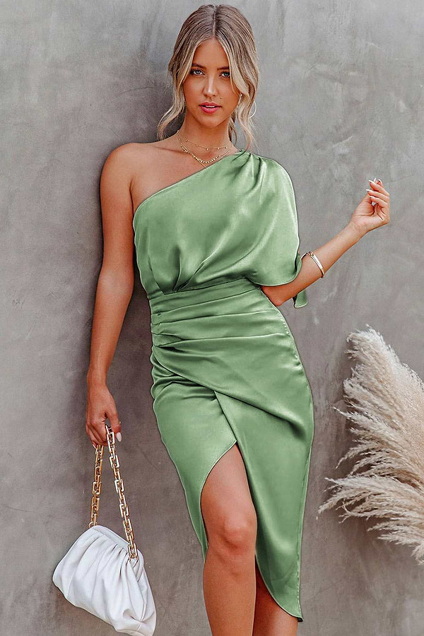 green dress one sleeve Elegant Long Dark Green One Shoulder Long Sleeve Split Prom Dresses With Lace main image 1