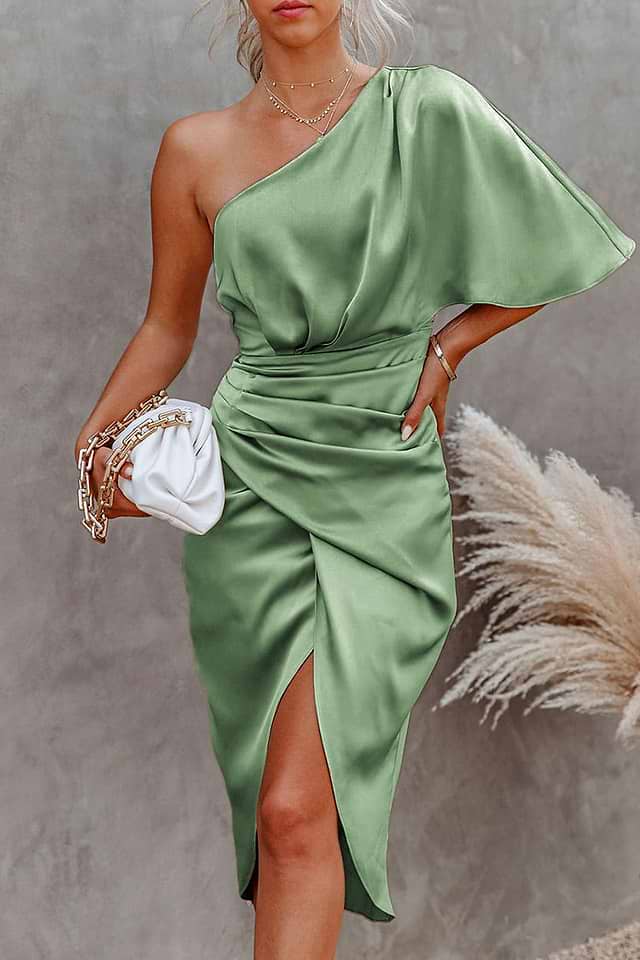 CUPSHE Women Satin Dress Backless One Shoulder Short Sleeves Midi High Low Hem Cocktail Party Dress Sage Green with Zipper L CUPSHE Women Satin Dress Backless One Shoulder Short Sleeves Midi High Low Hem Cocktail Party Dress Sage Green with Zipper L