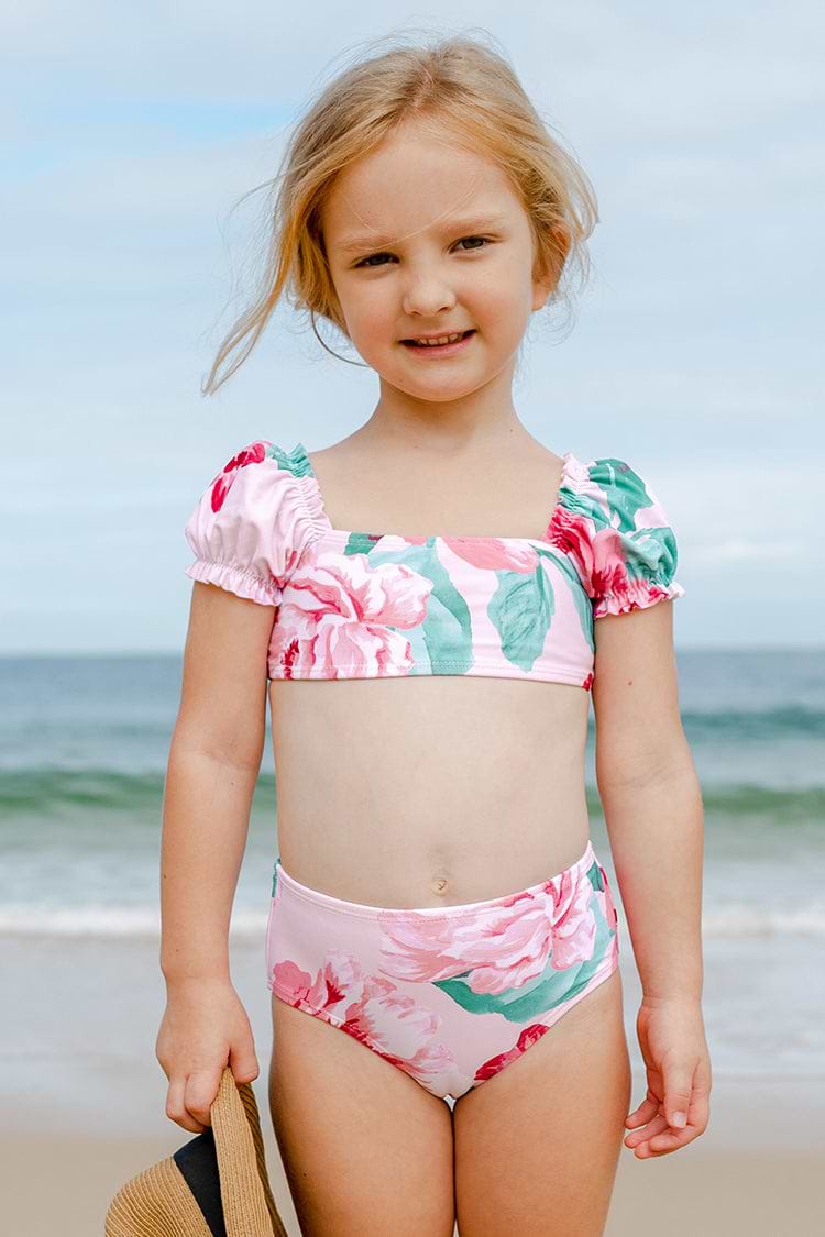Girls Pink Puff Sleeve Cami Top Bikini Set