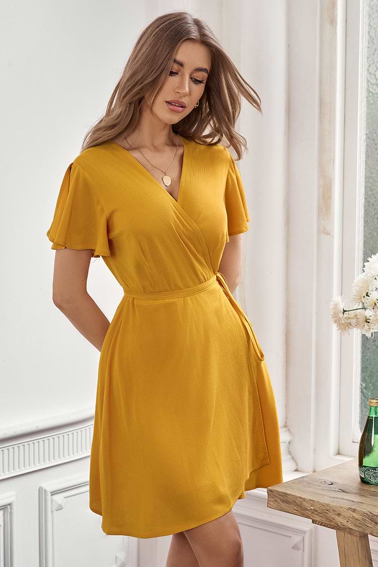 Leanna V-neck Short Sleeve Tie Waist A-Shape Dress