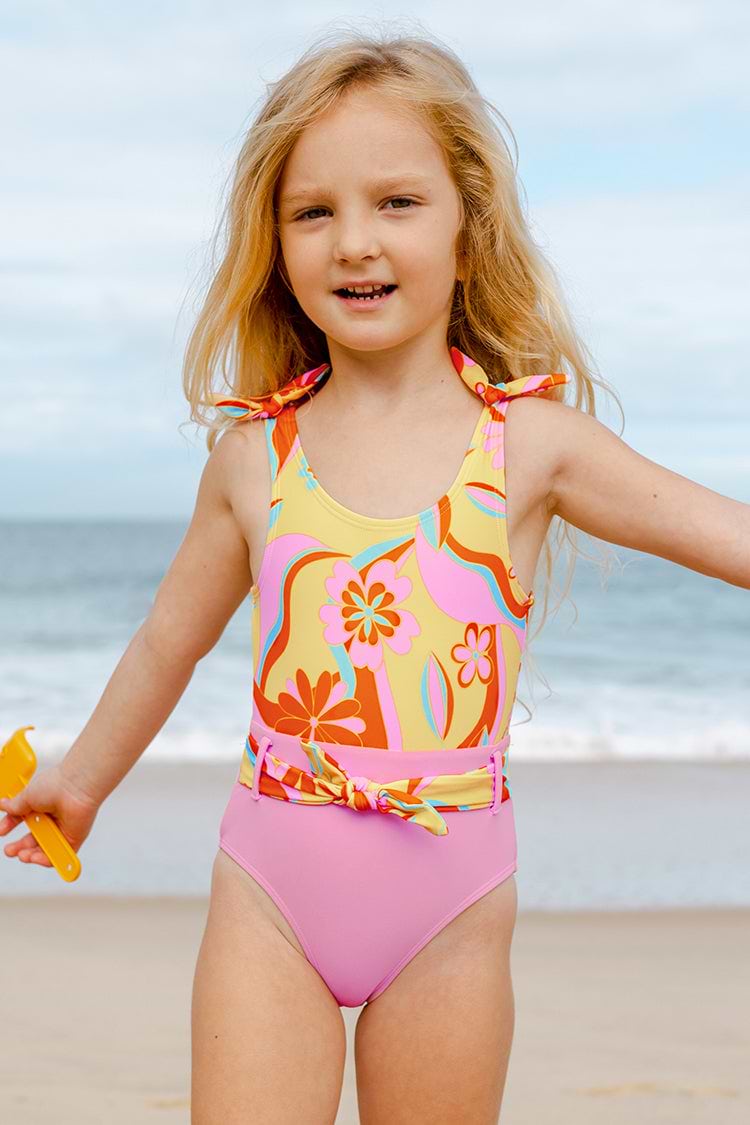 Girls Arizona Road Trip Floral Bunny Tie One Piece Swimsuit