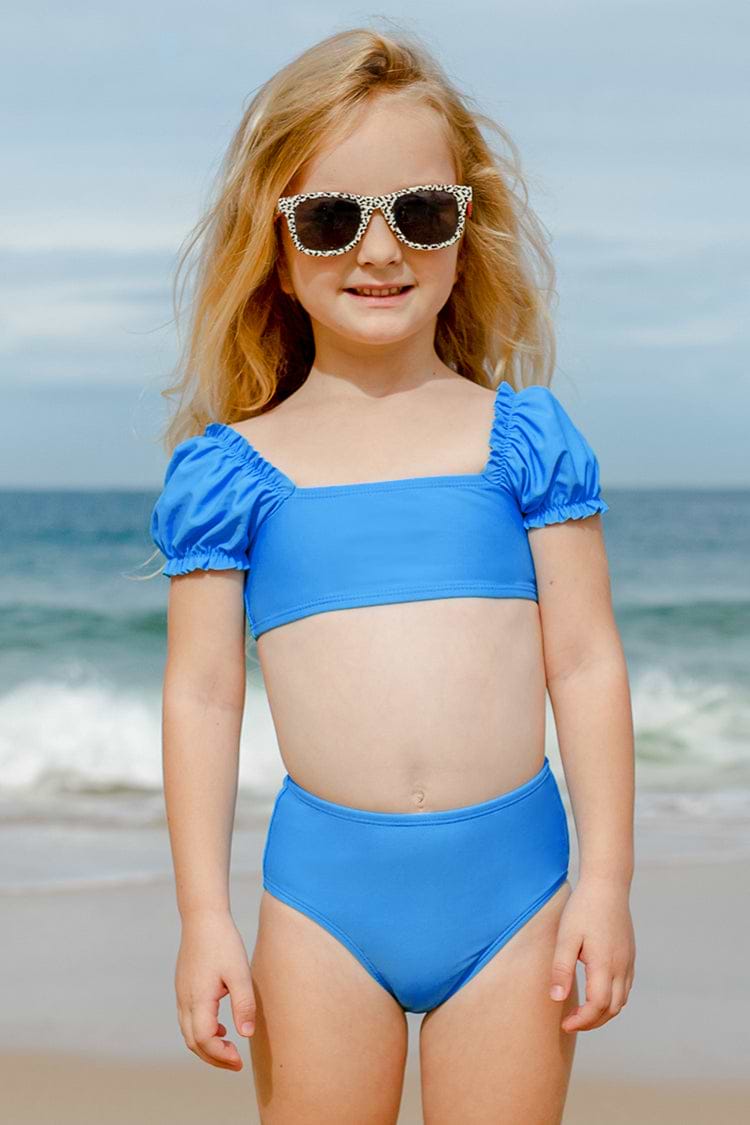Girls Blue Puff Sleeve Cami Top Bikini Set