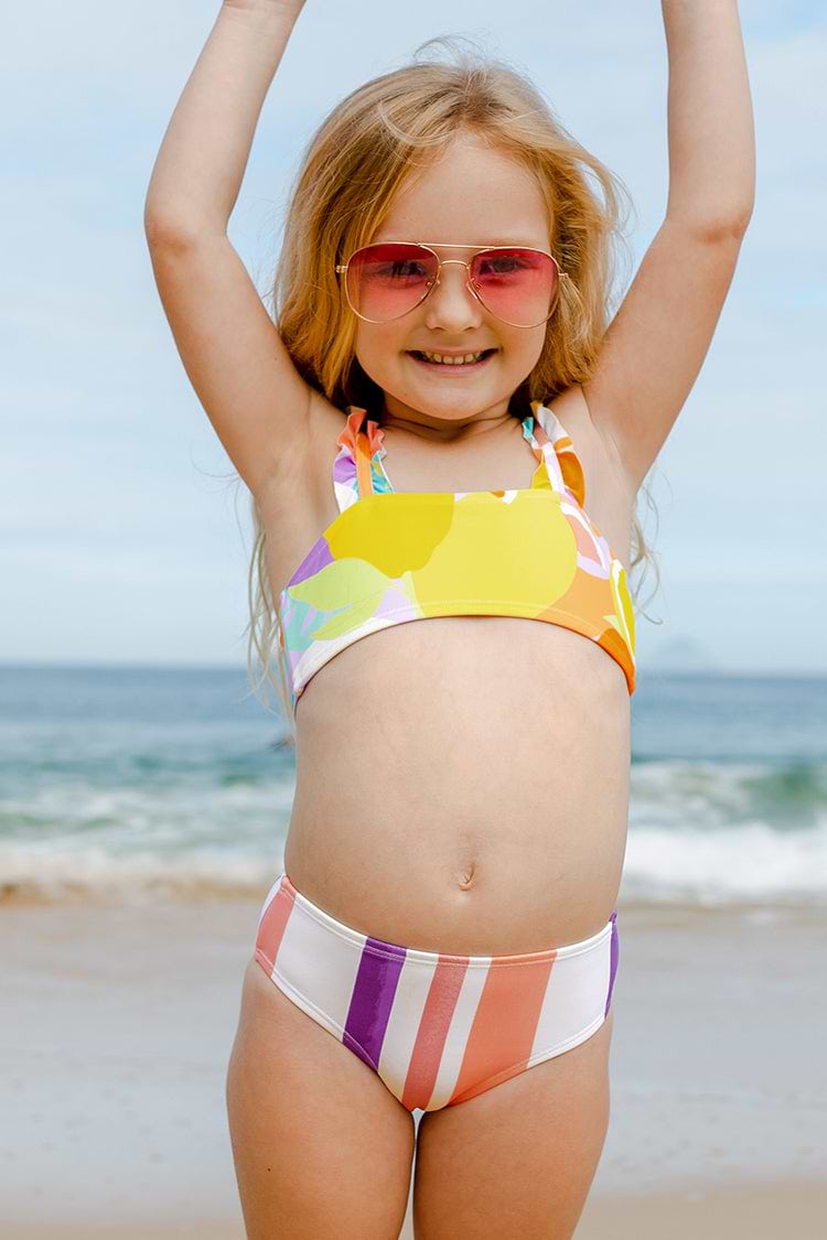 Girls Bandeau Ruffled Strap Lemon Striped Bikini Set