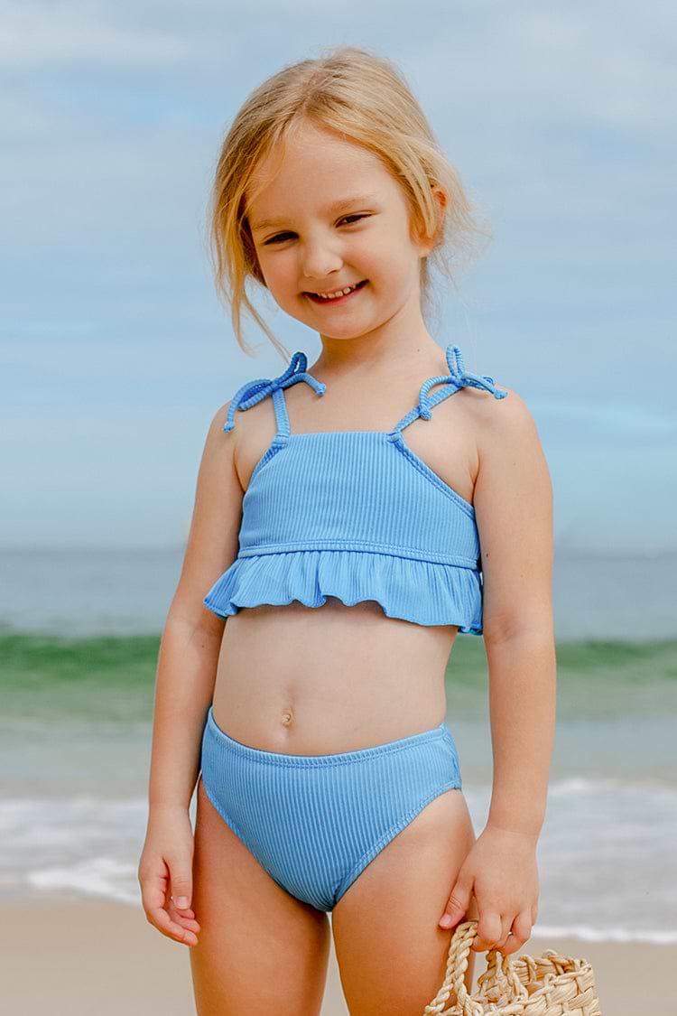 Girls Blue Texture Ruffled High Neck Bikini Set