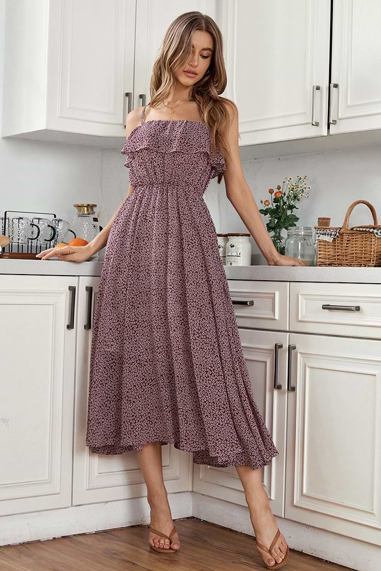 Alvina Thin Straps Elastic Waist Ruffle A-Shape Dress