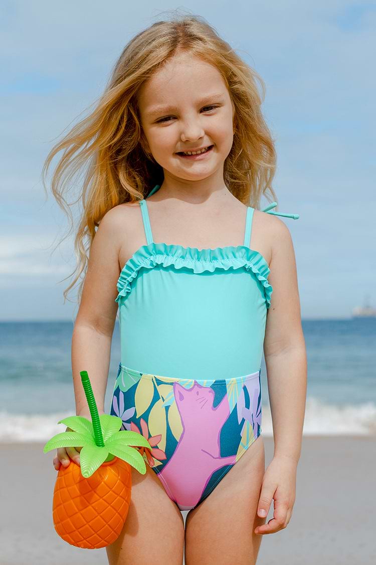 Girls Blue Ruffled One Piece Swimsuit