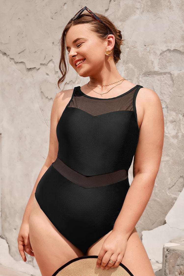 Palm Beach Nights Mesh High Neck Plus Size One Piece Swimsuit