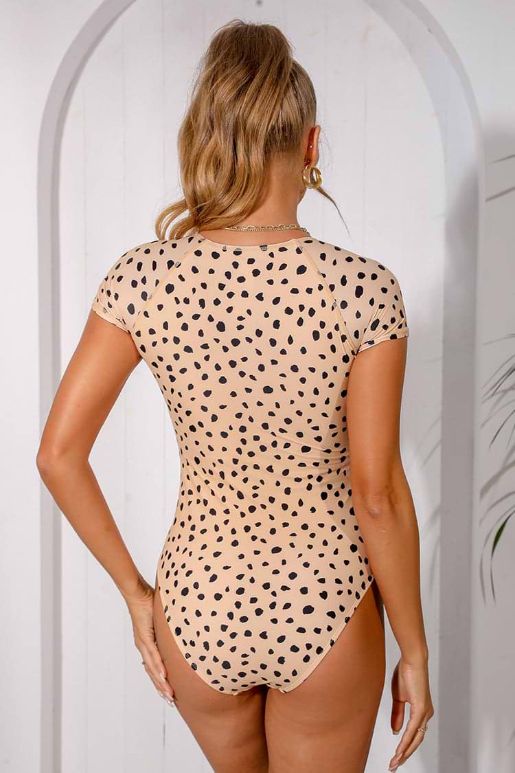 Cheetah Short Sleeve Zip Front One Piece Swimsuit