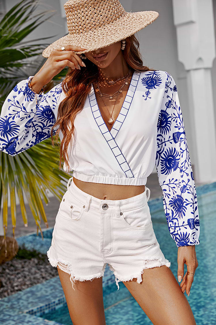 Long Sleeve V-neck Blue & White Top
