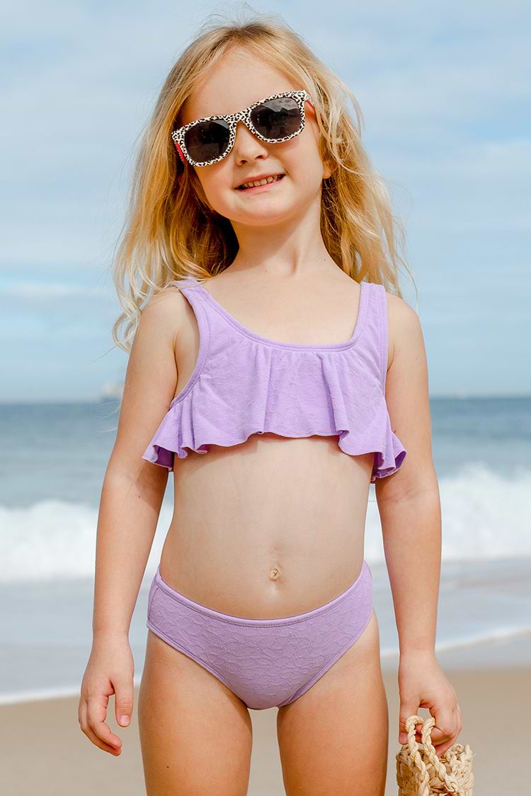 Girls Purple Texture Floral Ruffled Bikini Set