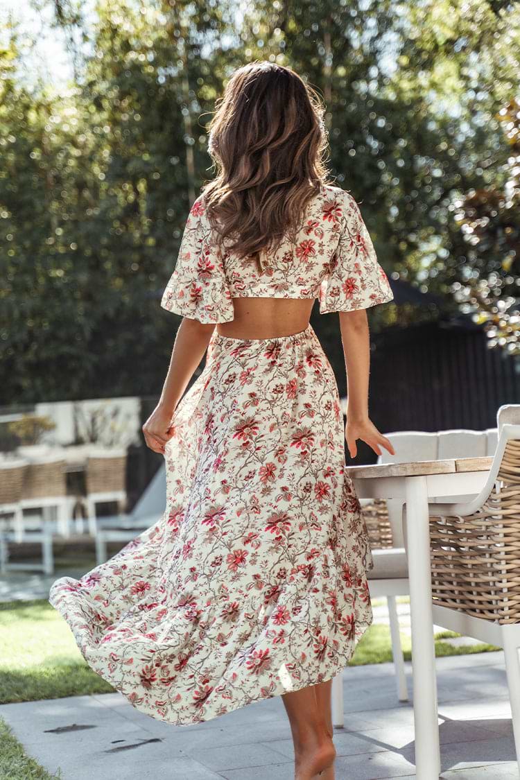 Myra Plunge Elastic Waist Tie A-Shape Dress