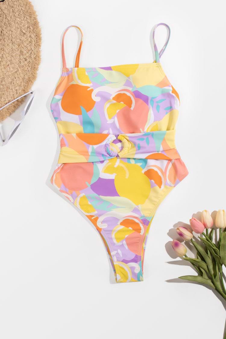 Luminescent Belted O Ring Square Neck One Piece Swimsuit
