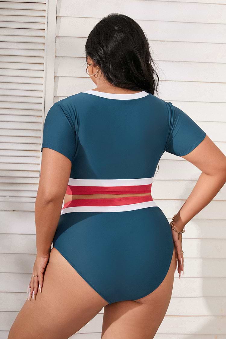 Plus Size Zip Up Crop Top & Banded Bikini Swimsuit