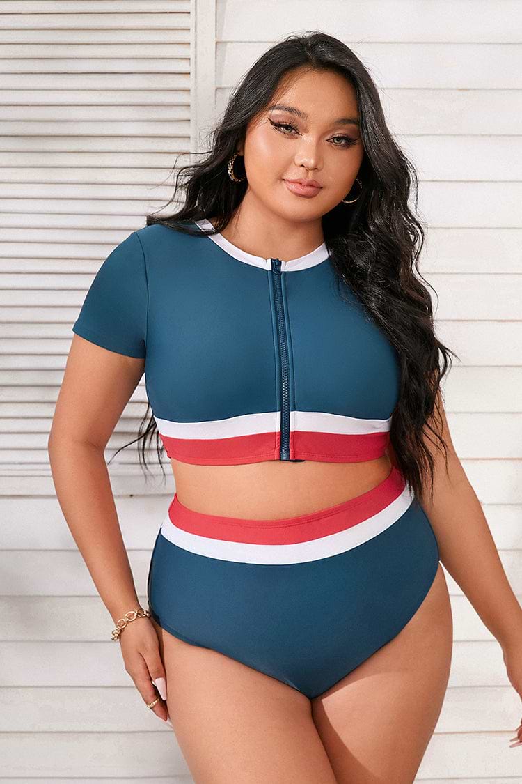 Plus Size Zip Up Crop Top & Banded Bikini Swimsuit