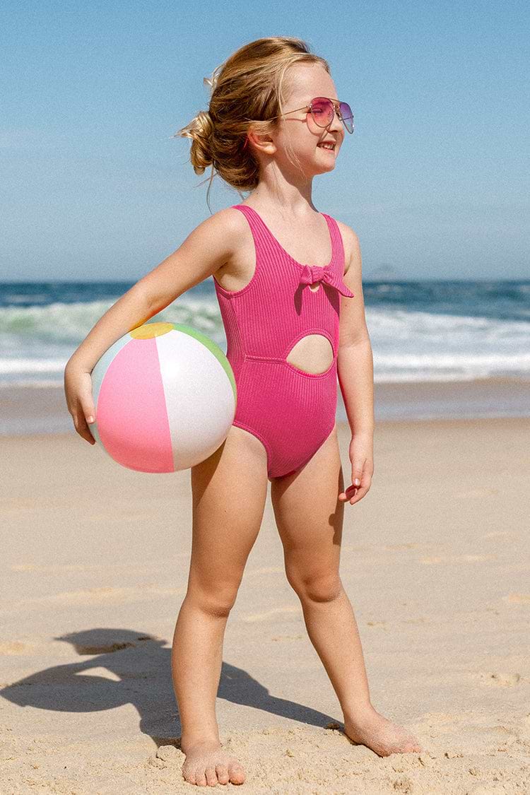 Girls Summer Dreaming Ribbed Bunny Tie Front One Piece Swimsuit