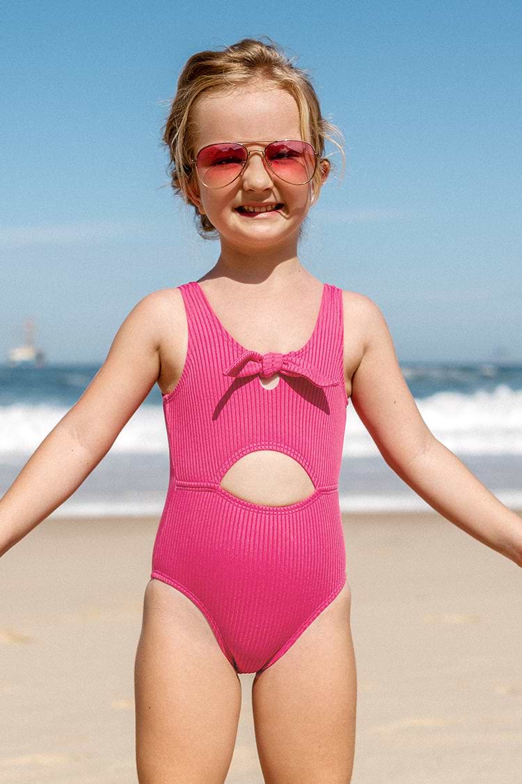Girls Textured Pink Bunny Tie Front Sports One Piece Swimsuit