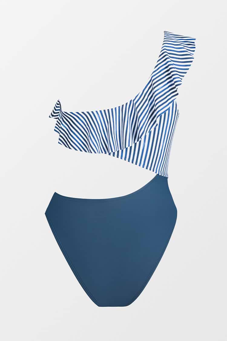Sea Shore Stripe Ruffled One Shoulder One Piece Swimsuit
